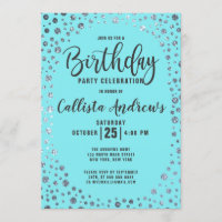 Aqua Teal Silver Glitter Confetti Border Birthday