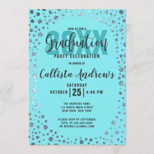 Aqua Teal Silver Glitter Confetti Graduation Invitation