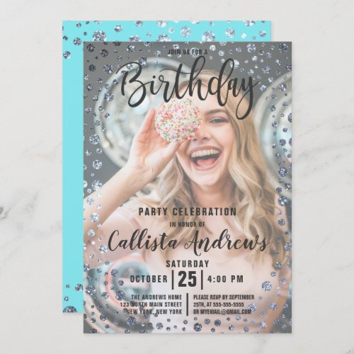 Aqua Teal Silver Glitter Confetti Photo Birthday Invitation