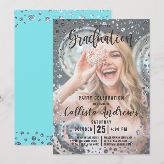 Aqua Teal Silver Glitter Confetti Photo Graduation Invitation (Front/Back)