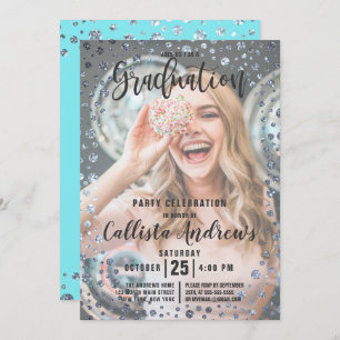 Aqua Teal Silver Glitter Confetti Photo Graduation Invitation