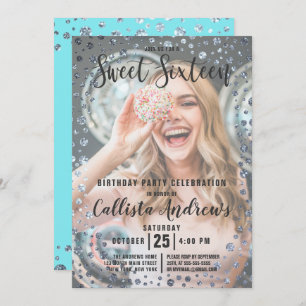 Aqua Teal Silver Glitter Confetti Photo Sweet 16 Invitation