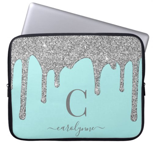 Aqua Teal Silver Glitter Sparkle Drips Monogram Laptop Sleeve