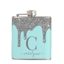 Aqua Teal Silver Sparkle Glitter Drips Monogram Flask Aqua Teal Silver Sparkle Glitter Drips Monogram Flask