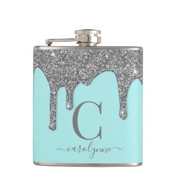 Aqua Teal Silver Sparkle Glitter Drips Monogram Flask