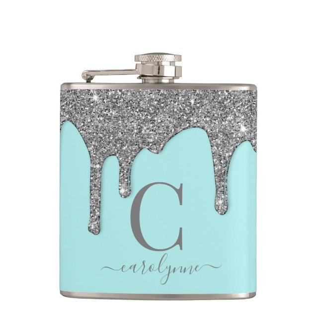 Aqua Teal Silver Sparkle Glitter Drips Monogram Flask (Front)