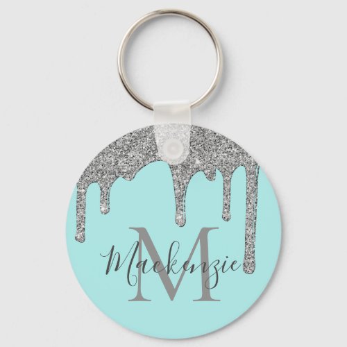 Aqua Teal Silver Sparkle Glitter Drips Monogram Keychain