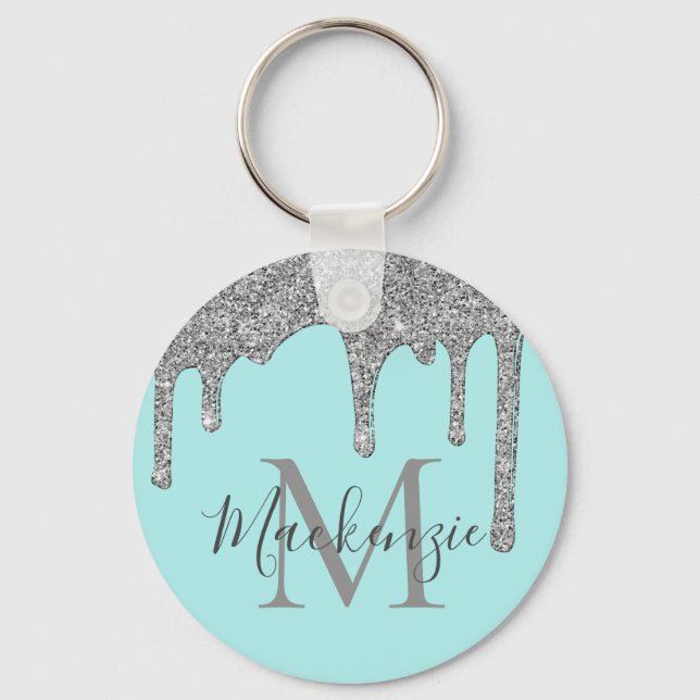 Aqua Teal Silver Sparkle Glitter Drips Monogram Keychain (Front)
