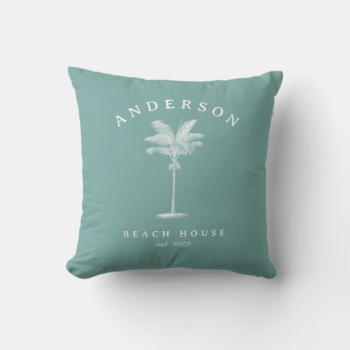 Aqua Teal Simple Palm Tree Beach House Throw Pillow