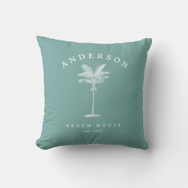 Aqua Teal Simple Palm Tree Beach House Throw Pillow (Front)