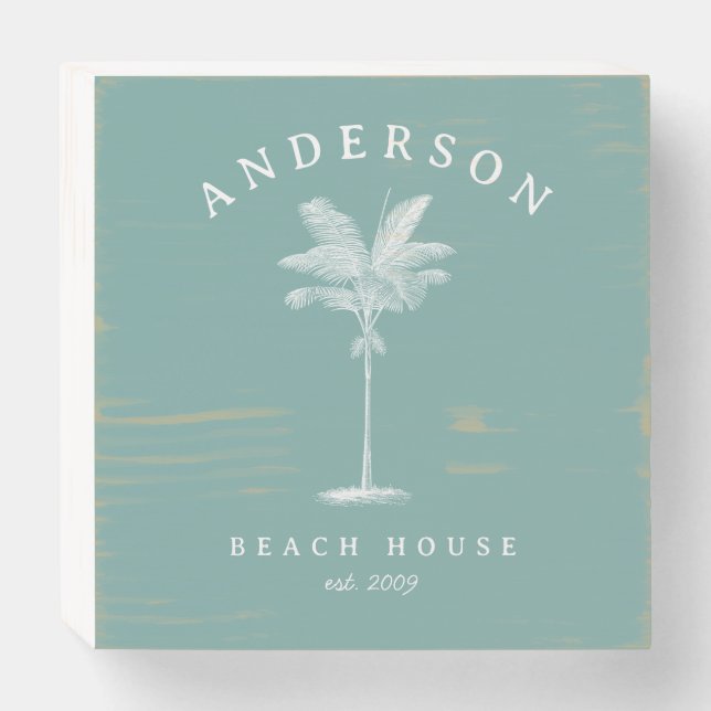 Aqua Teal Simple Palm Tree Beach House Wooden Box Sign (Front Horizontal)