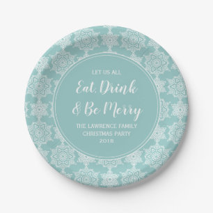 Aqua Teal Snowflake Eat Drink Christmas Party Paper Plates