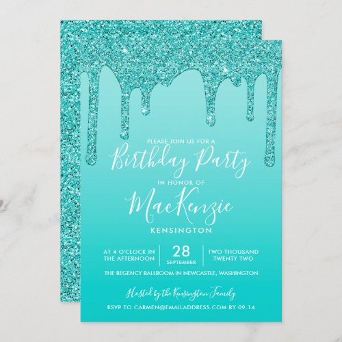 Aqua Teal Sparkle Glitter Drips Any Year Birthday Invitation