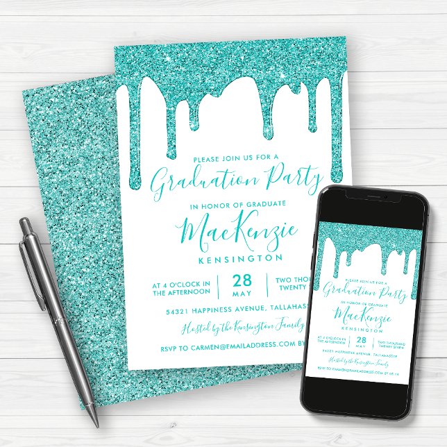 Aqua Teal Sparkle Glitter Drips Graduation Party I Invitation (Creator Uploaded)