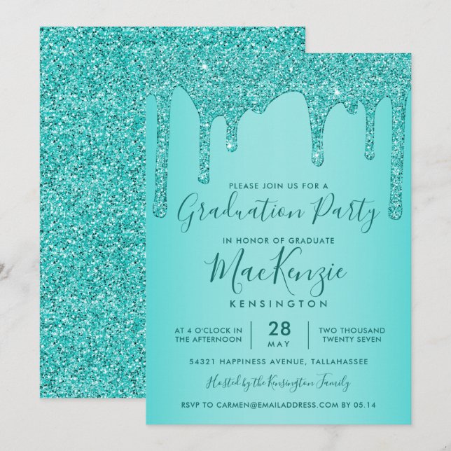 Aqua Teal Sparkle Glitter Drips Graduation Party Invitation (Front/Back)