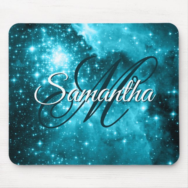 Aqua Teal Sparkly Stars Celestial Fancy Monogram Mouse Pad (Front)