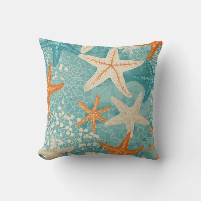 Aqua Teal Starfish Beach Seashell Pattern Throw Pillow (Front)