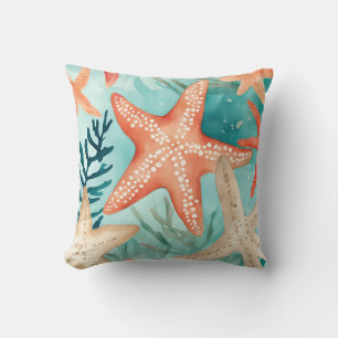 Aqua Teal Starfish Beachy Seashell Pattern Throw Pillow