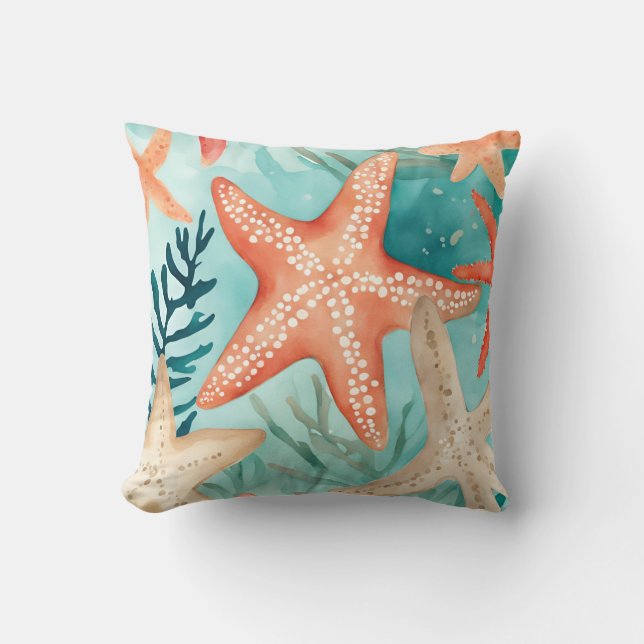 Aqua Teal Starfish Beachy Seashell Pattern Throw Pillow (Front)