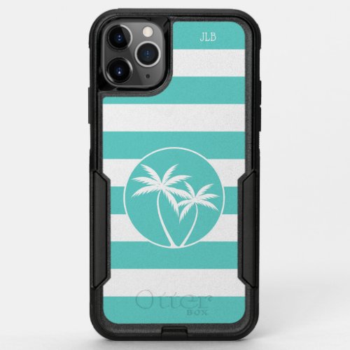 Aqua Teal Stripes and Palm Tree Logo with Monogram OtterBox Commuter iPhone 11 Pro Max Case