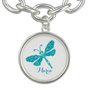 Aqua teal stylised inked dragonfly art name charm bracelet