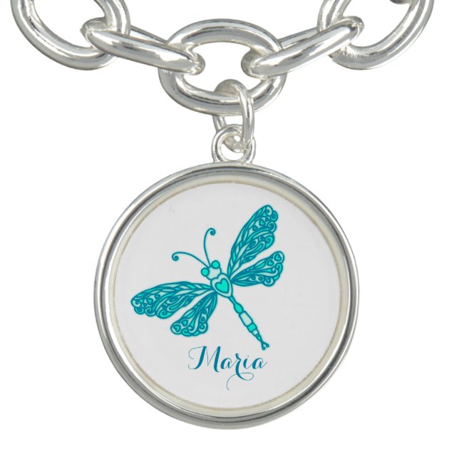 Aqua teal stylised inked dragonfly art name charm bracelet (Design)