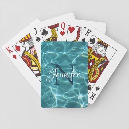 Aqua Teal Swimming Pool Photo Chic Monogram Poker Cards