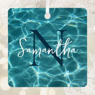 Aqua Teal Swimming Pool Photo Monogrammed Metal Ornament