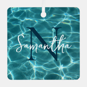 Aqua Teal Swimming Pool Photo Monogrammed Metal Ornament