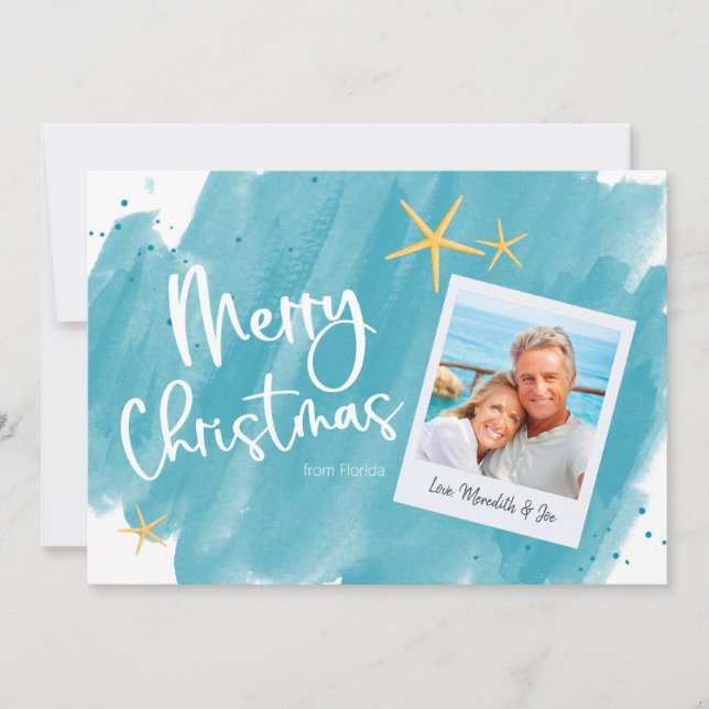 Aqua Teal Tropical Watercolor Merry Christmas Card (Front)