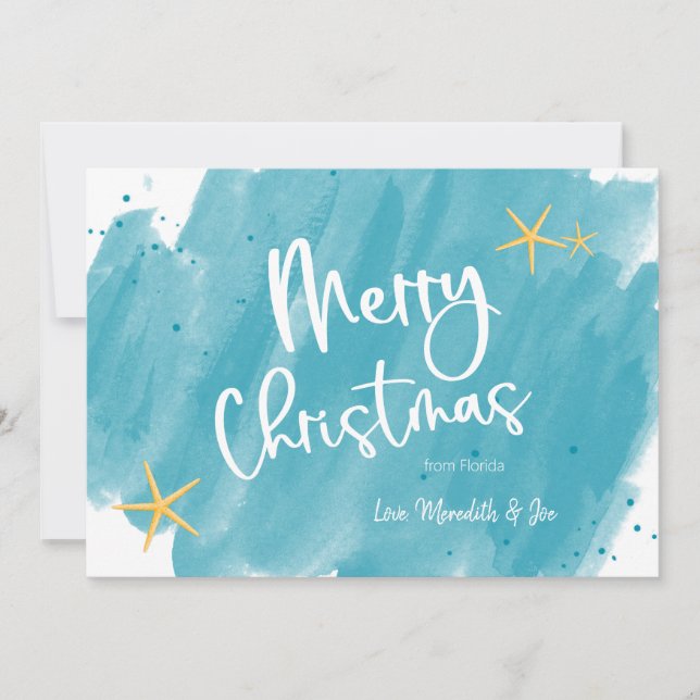 Aqua Teal Tropical Watercolor Merry Christmas Card (Front)
