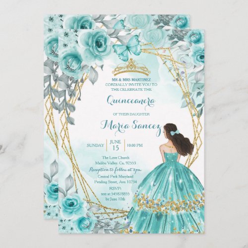 Aqua Teal Turquoise2 Rose  Butterfly Mis Quince Invitation
