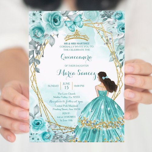 Aqua Teal Turquoise2 Rose  Butterfly Mis Quince Invitation