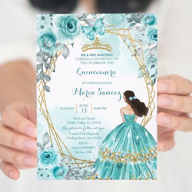 Aqua Teal Turquoise2 Rose & Butterfly Mis Quince Invitation (Creator Uploaded)