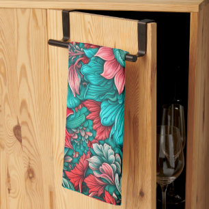 Aqua, Teal, Turquoise and Gray Floral Pattern Kitchen Towel