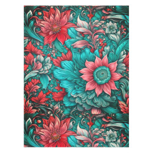 Aqua, Teal, Turquoise and Gray Floral Pattern Tablecloth