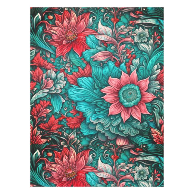  Aqua, Teal, Turquoise and Gray Floral Pattern Tablecloth (Front)