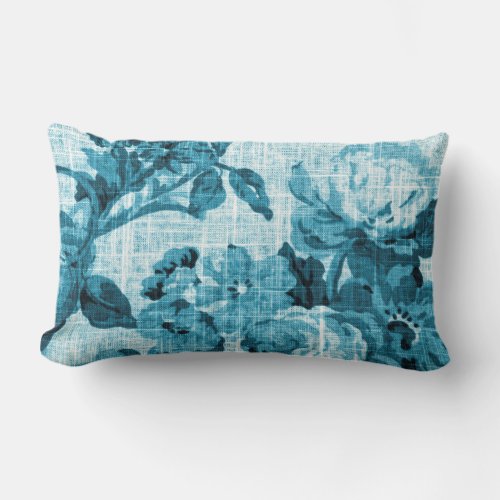 Aqua Teal Turquoise Blue Floral Toile Fabric No5 Lumbar Pillow