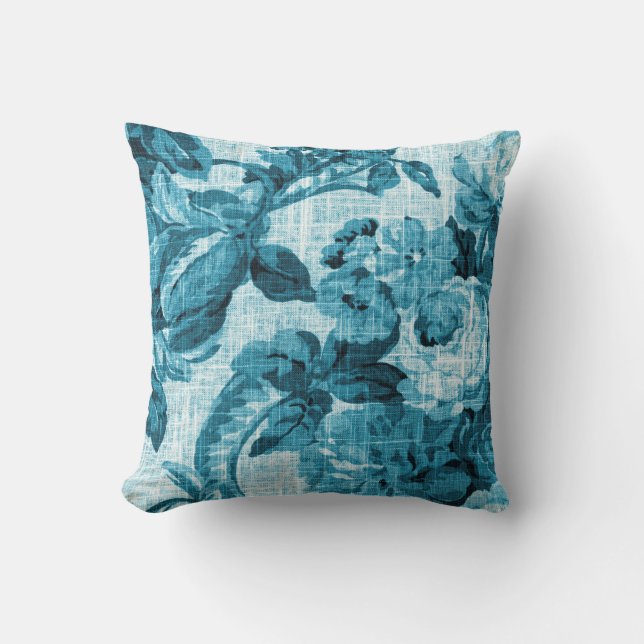 Aqua Teal Turquoise Blue Floral Toile Fabric No. 5 Throw Pillow (Front)