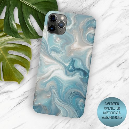Aqua Teal Turquoise Blue White Gold Marble Pattern iPhone 15 Pro Max Case
