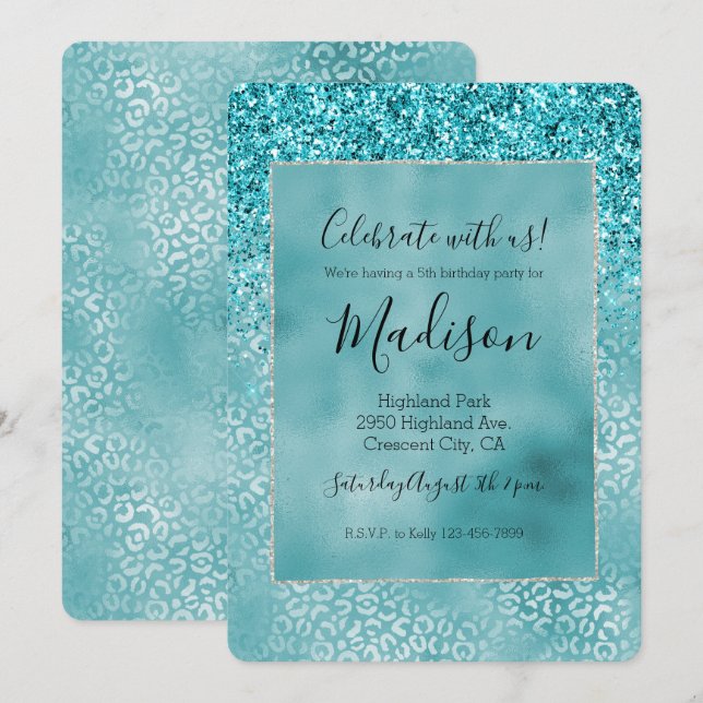 Aqua Teal Turquoise Glam Leopard Print Invitation (Front/Back)