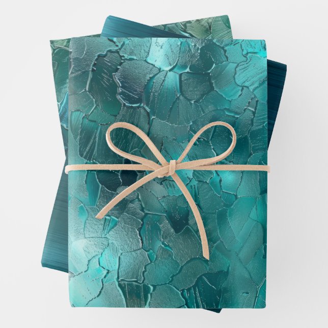 Aqua Teal Turquoise Glam Wrapping Paper Sheets (In situ)