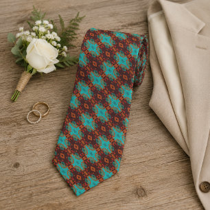 Aqua Teal Turquoise Green Orange Brown Tribal Art Neck Tie