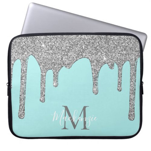 Aqua Teal Turquoise Sparkle Silver Glitter Drips Laptop Sleeve