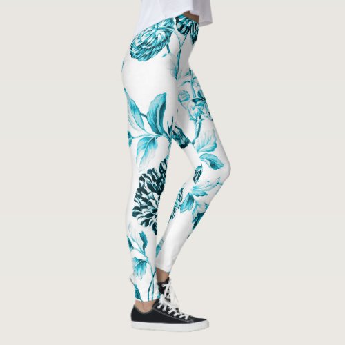 Aqua Teal Turquoise  White Floral Toile No2 Leggings