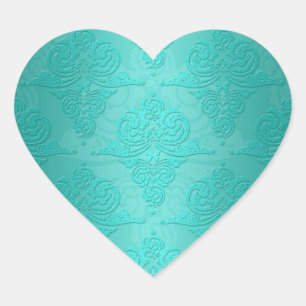 Aqua Teal Vintage Grunge Damask Pattern Heart Sticker