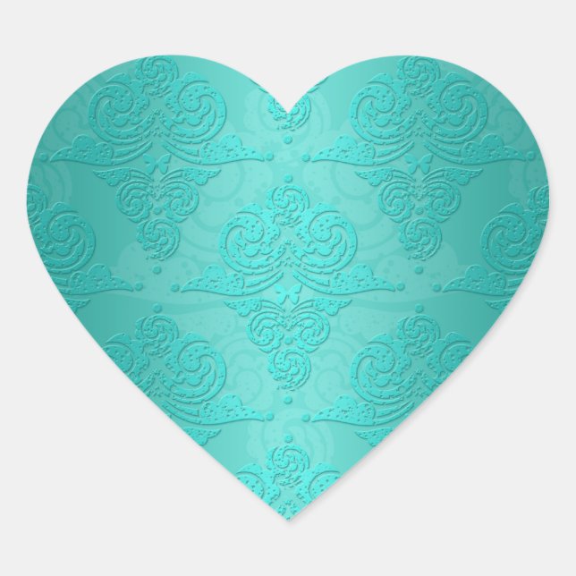 Aqua Teal Vintage Grunge Damask Pattern Heart Sticker (Front)