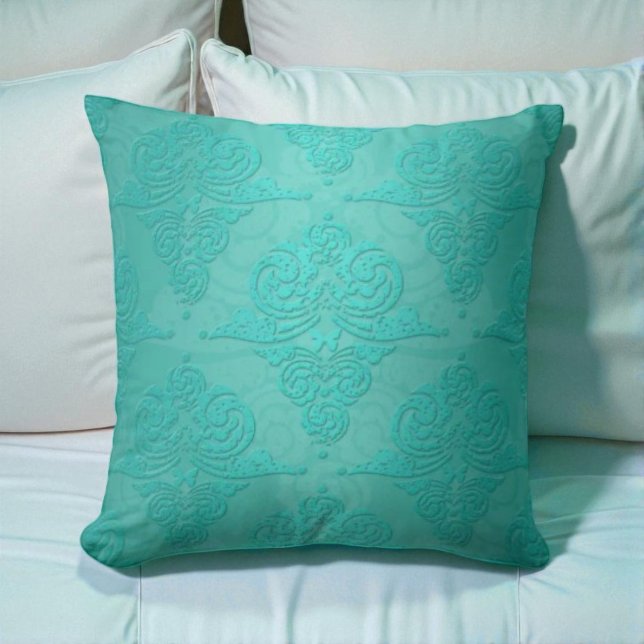 Aqua Teal Vintage Grunge Damask Pattern Throw Pillow (Creator Uploaded)