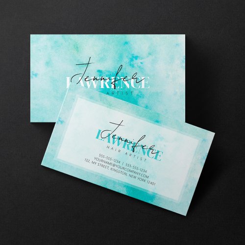 Aqua Teal Watercolor Hairstylist Script Typography Business Card