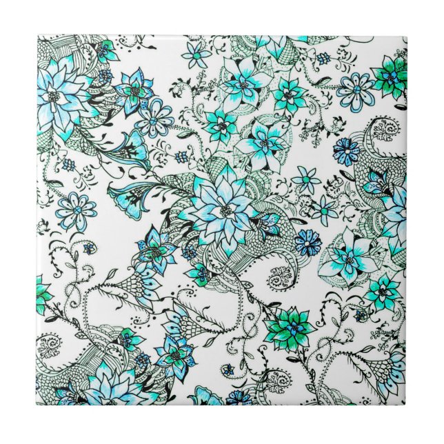 Aqua teal watercolor hand painted floral tile (Front)